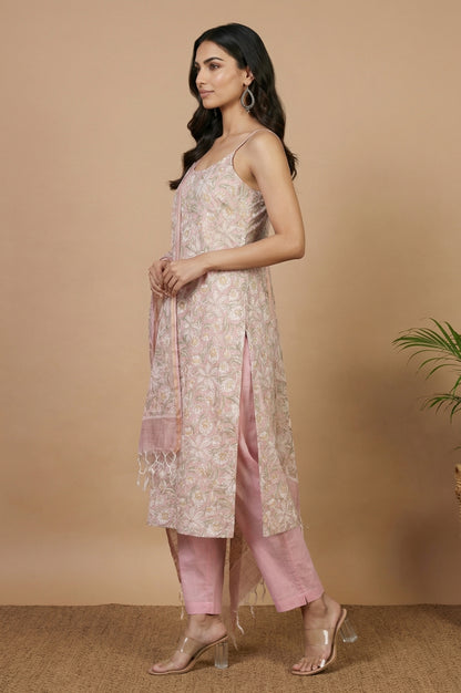 Pink Floral Printed Pure Cotton Spaghetti Strap Straight Kurta with Pants and Dupatta Set