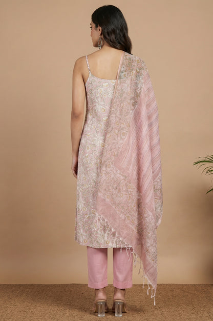 Pink Floral Printed Pure Cotton Spaghetti Strap Straight Kurta with Pants and Dupatta Set