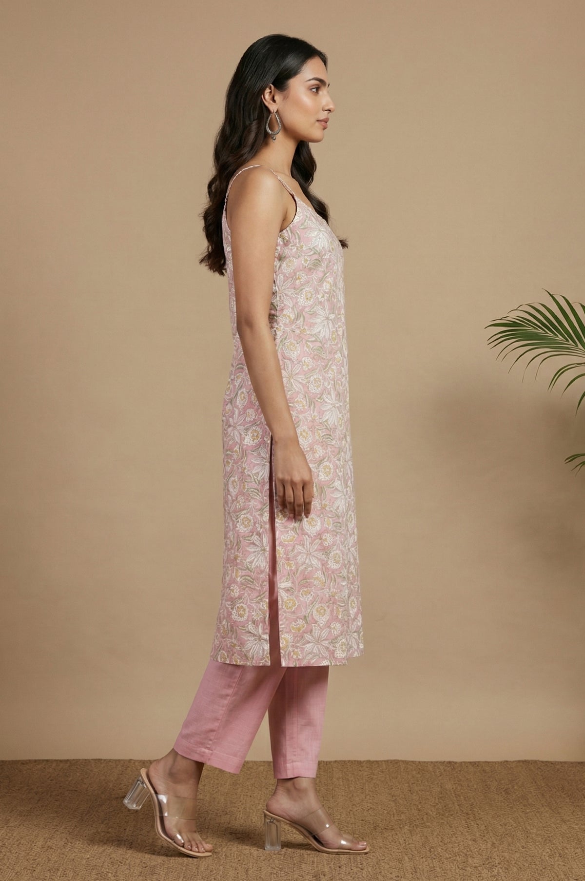 Pink Floral Printed Pure Cotton Spaghetti Strap Straight Kurta with Pants and Dupatta Set