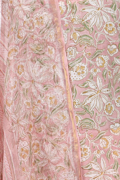Pink Floral Printed Pure Cotton Spaghetti Strap Straight Kurta with Pants and Dupatta Set