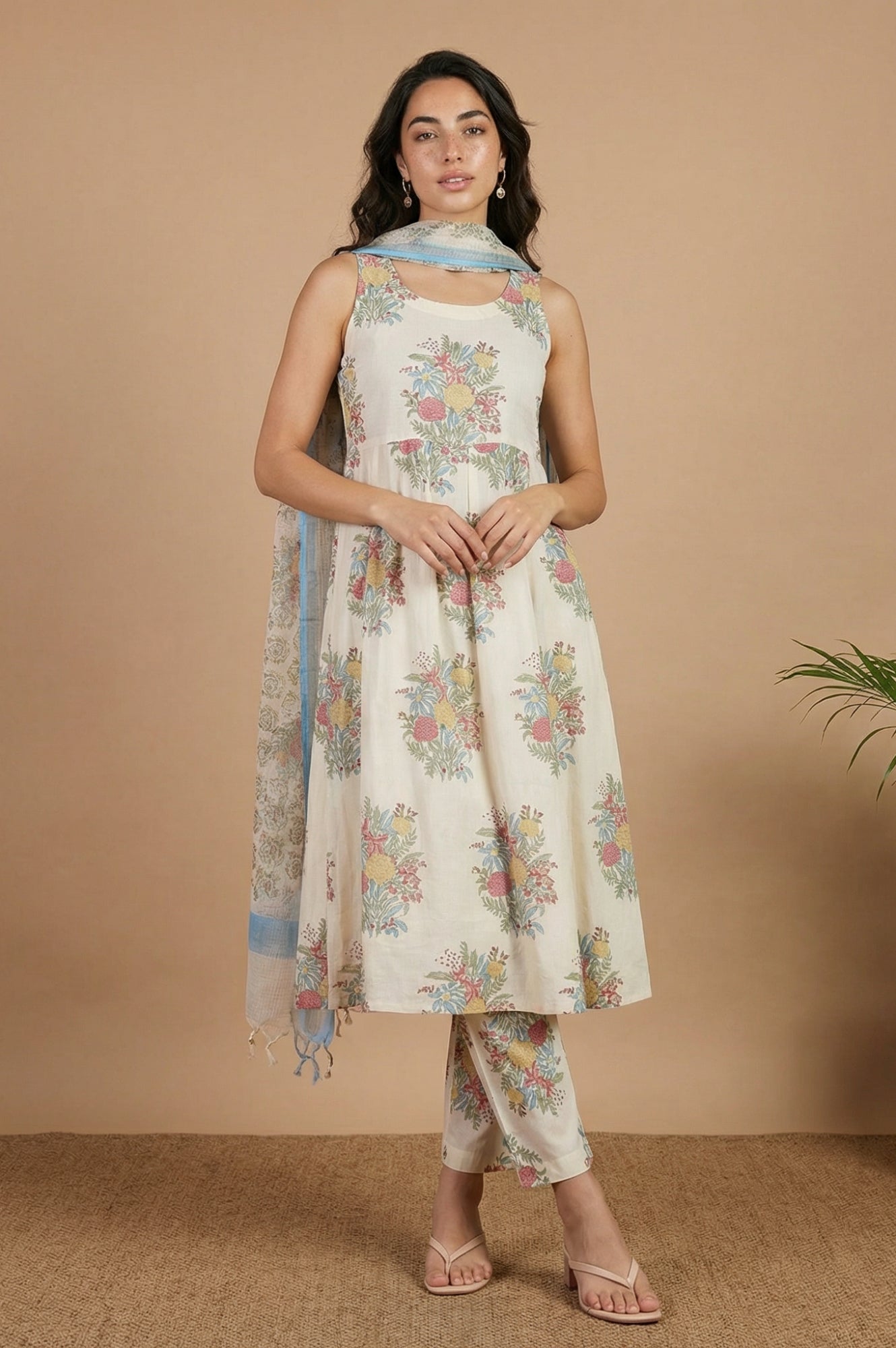 Off White Floral Printed Pure Cotton Flared Kurta with Straight Pants and Dupatta Set