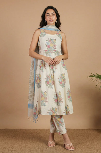 Off White Floral Printed Pure Cotton Flared Kurta with Straight Pants and Dupatta Set