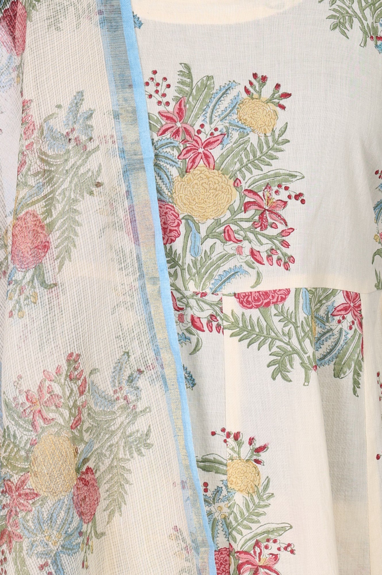 Off White Floral Printed Pure Cotton Flared Kurta with Straight Pants and Dupatta Set