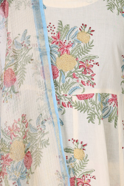 Off White Floral Printed Pure Cotton Flared Kurta with Straight Pants and Dupatta Set