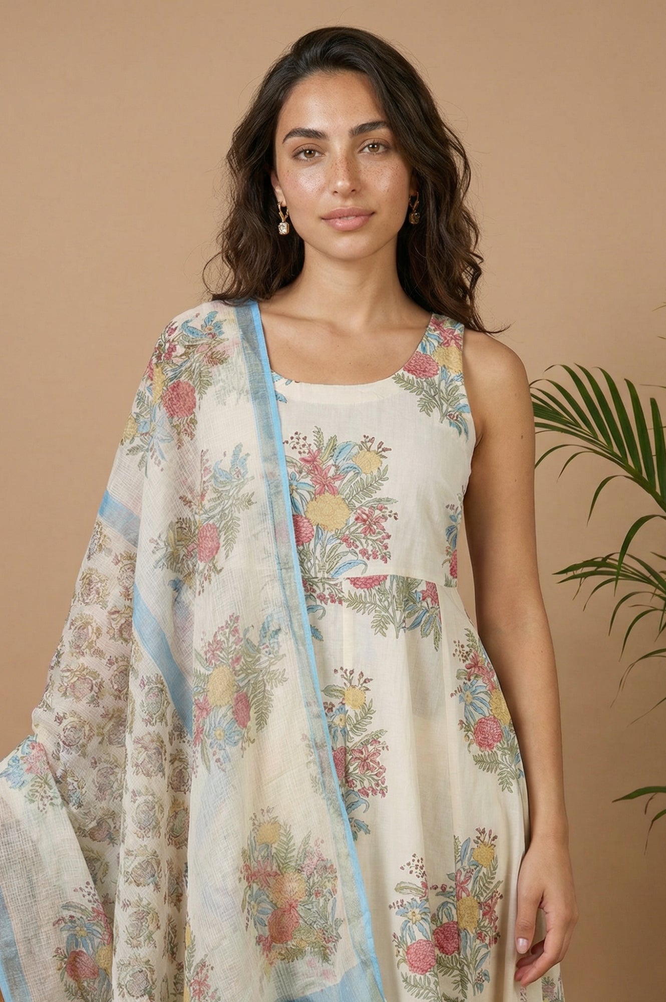 Off White Floral Printed Pure Cotton Flared Kurta with Straight Pants and Dupatta Set