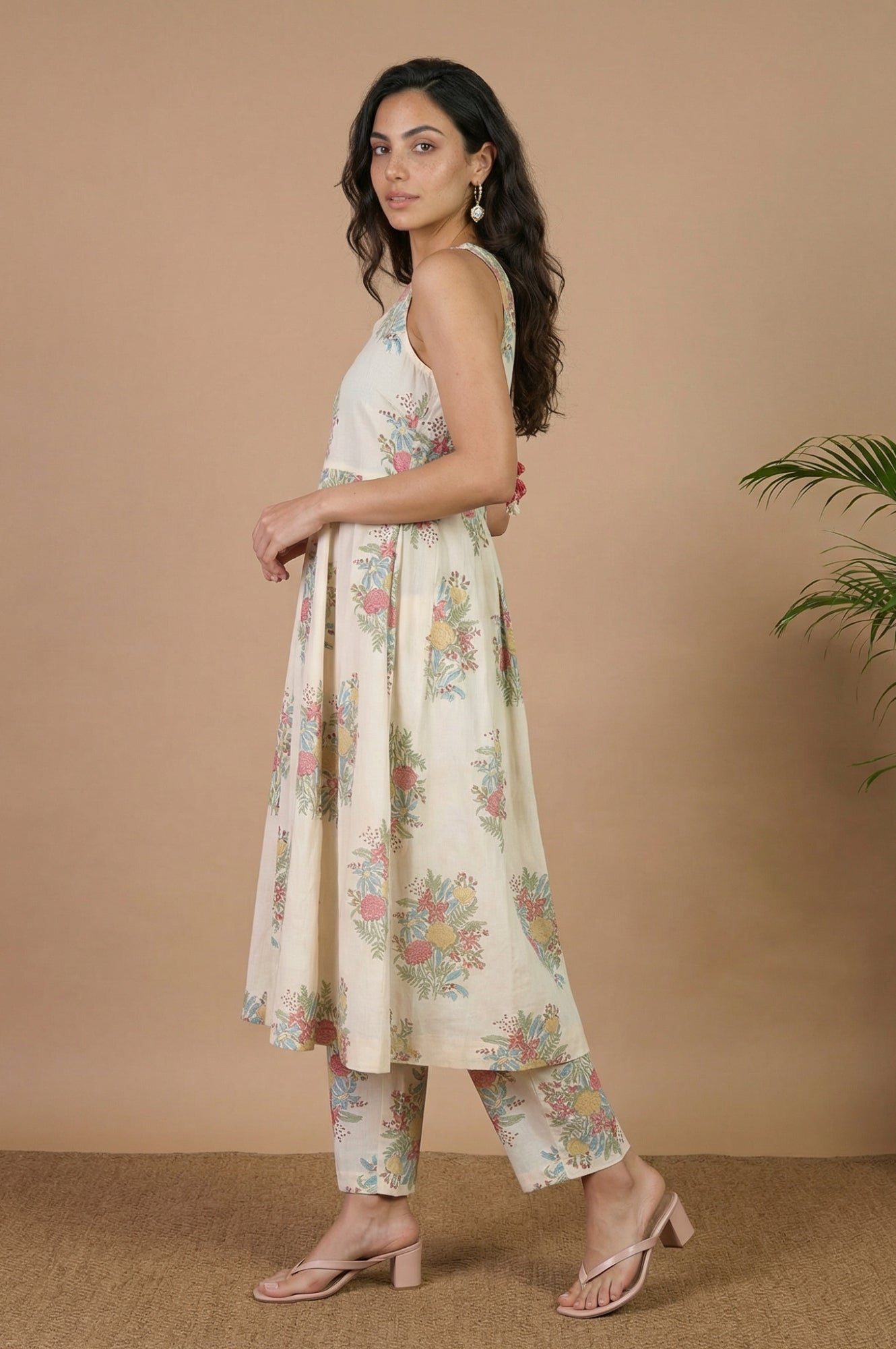 Off White Floral Printed Pure Cotton Flared Kurta with Straight Pants and Dupatta Set