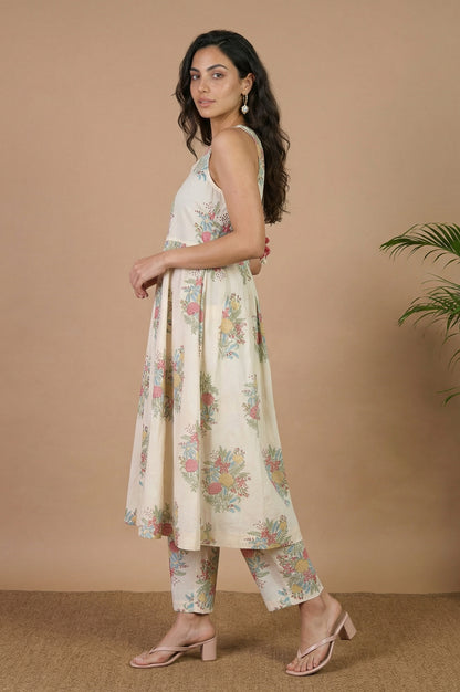 Off White Floral Printed Pure Cotton Flared Kurta with Straight Pants and Dupatta Set