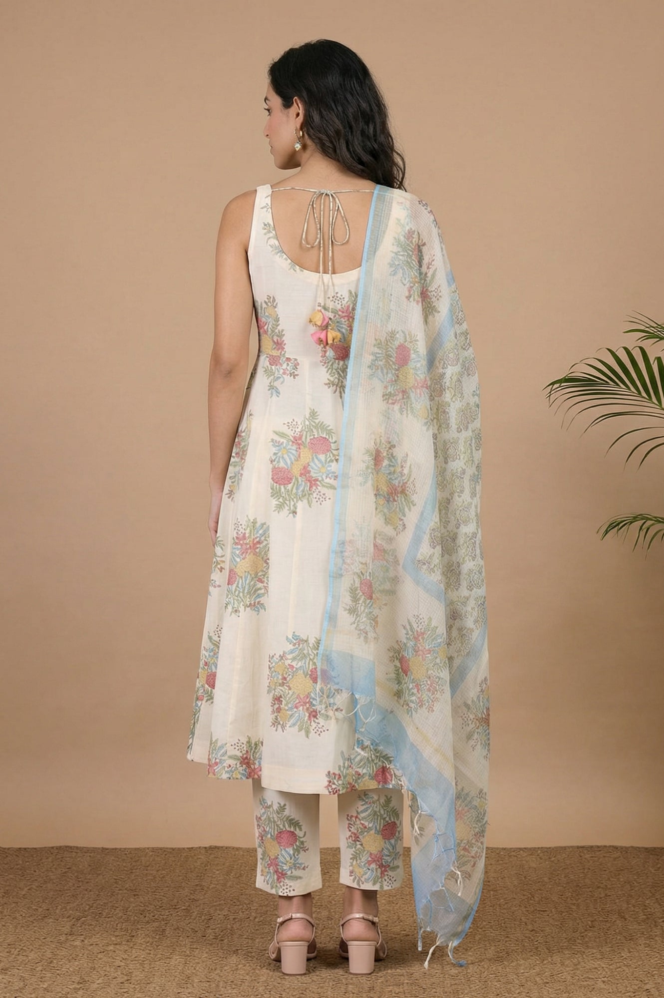 Off White Floral Printed Pure Cotton Flared Kurta with Straight Pants and Dupatta Set