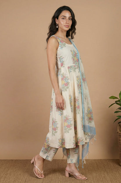Off White Floral Printed Pure Cotton Flared Kurta with Straight Pants and Dupatta Set