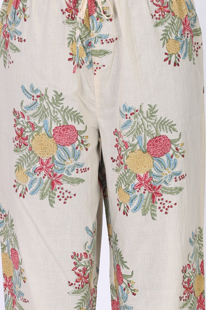 Off White Floral Printed Pure Cotton Flared Kurta with Straight Pants and Dupatta Set