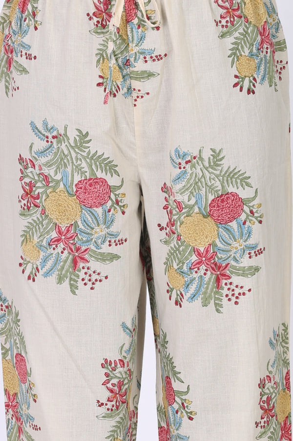 Off White Floral Printed Pure Cotton Flared Kurta with Straight Pants and Dupatta Set