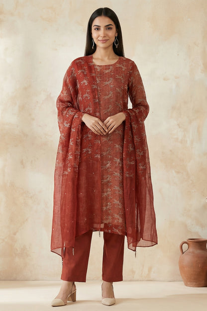 Rust Block Printed Cotton Silk Kota Straight Kurta with Pants and Dupatta Set