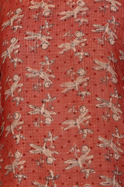 Rust Block Printed Cotton Silk Kota Straight Kurta with Pants and Dupatta Set