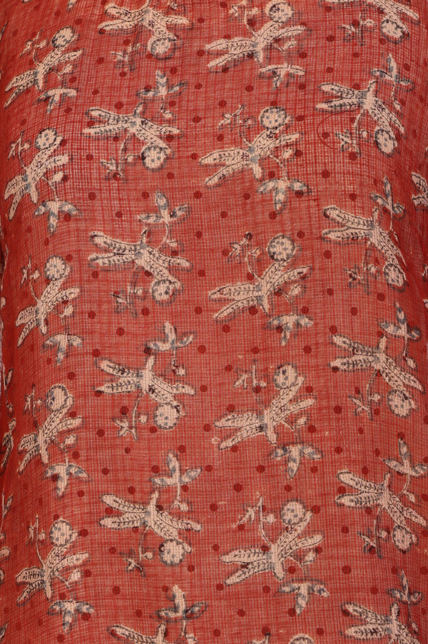 Rust Block Printed Cotton Silk Kota Straight Kurta with Pants and Dupatta Set