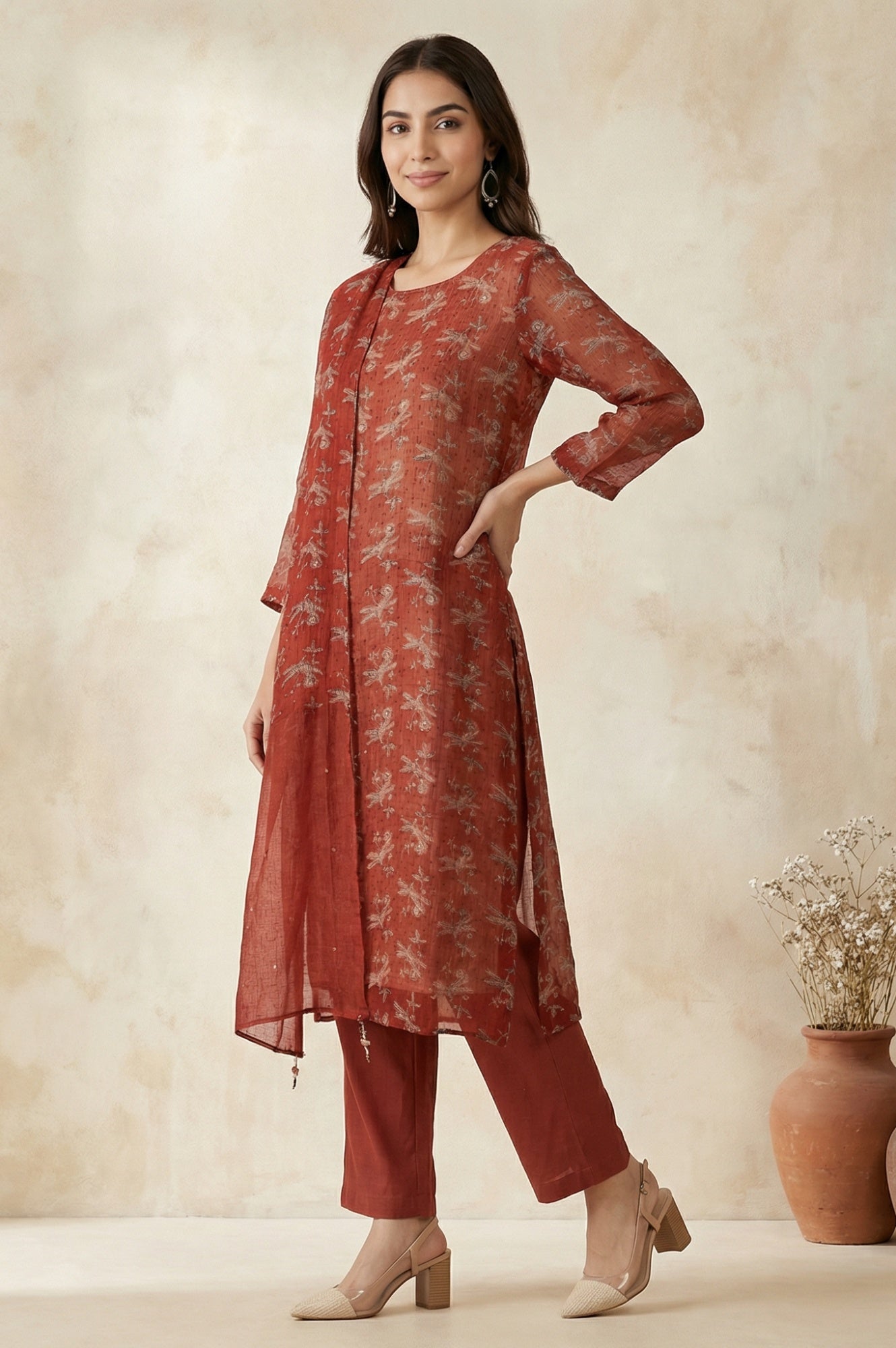 Rust Block Printed Cotton Silk Kota Straight Kurta with Pants and Dupatta Set