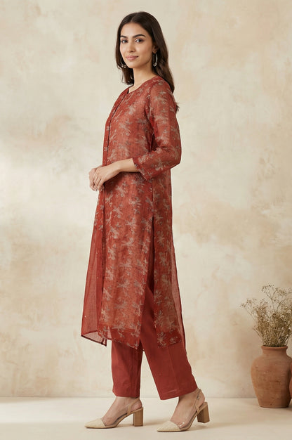 Rust Block Printed Cotton Silk Kota Straight Kurta with Pants and Dupatta Set
