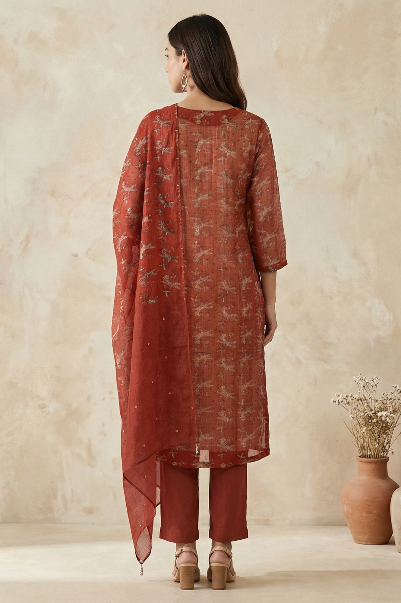 Rust Block Printed Cotton Silk Kota Straight Kurta with Pants and Dupatta Set