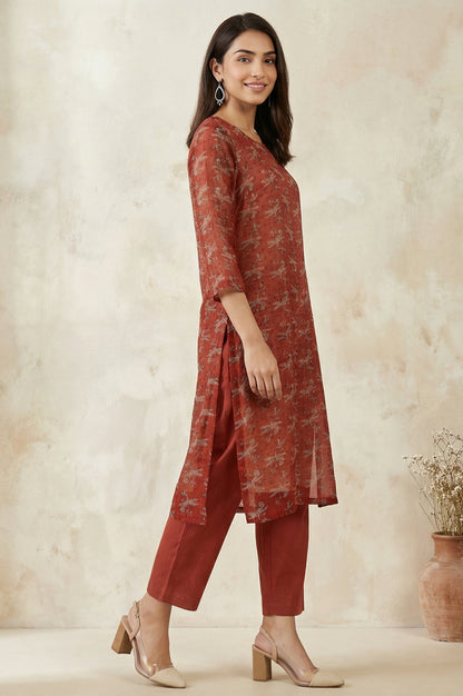 Rust Block Printed Cotton Silk Kota Straight Kurta with Pants and Dupatta Set