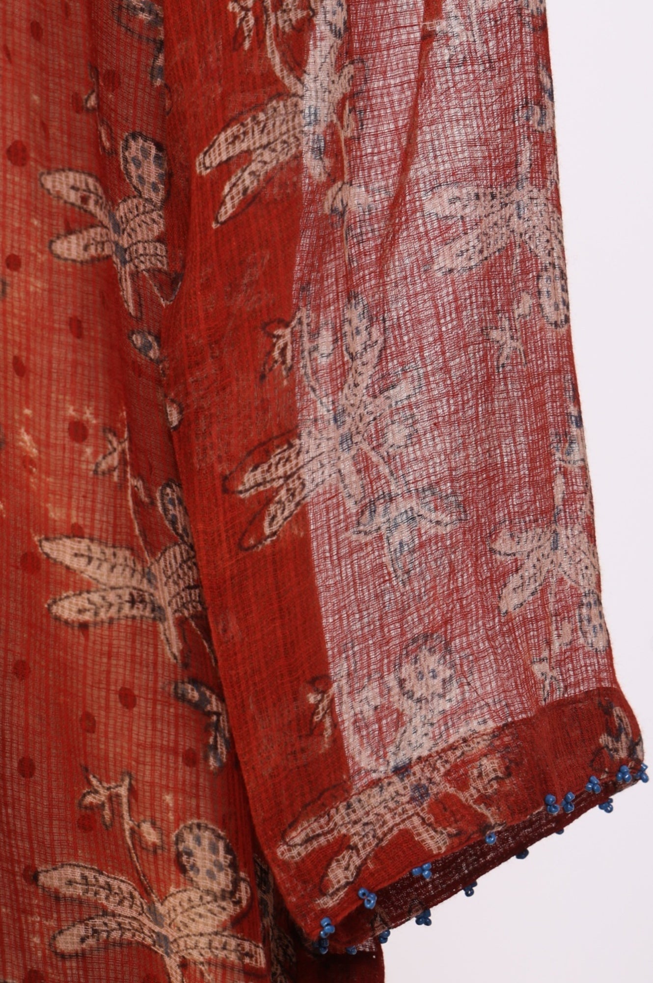 Rust Block Printed Cotton Silk Kota Straight Kurta with Pants and Dupatta Set