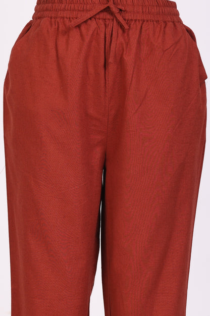 Rust Block Printed Cotton Silk Kota Straight Kurta with Pants and Dupatta Set