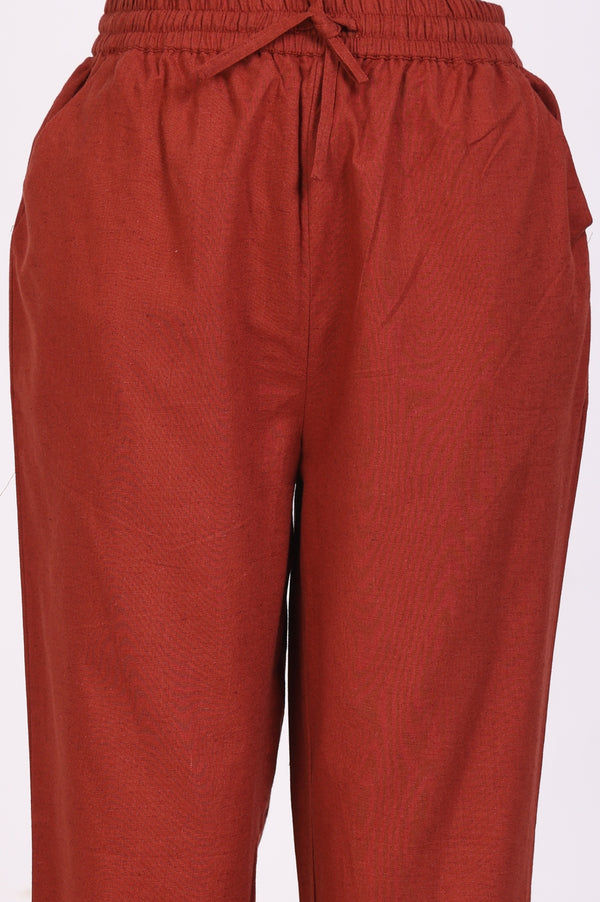 Rust Block Printed Cotton Silk Kota Straight Kurta with Pants and Dupatta Set