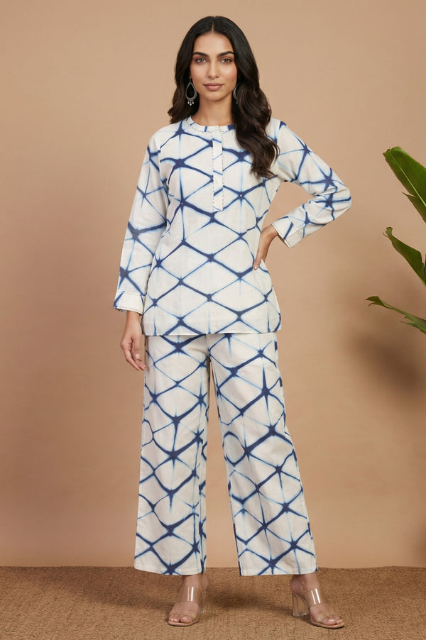 Off White Shibori Printed Cotton Silk Straight Top and Parallel Pants Co-ord Set