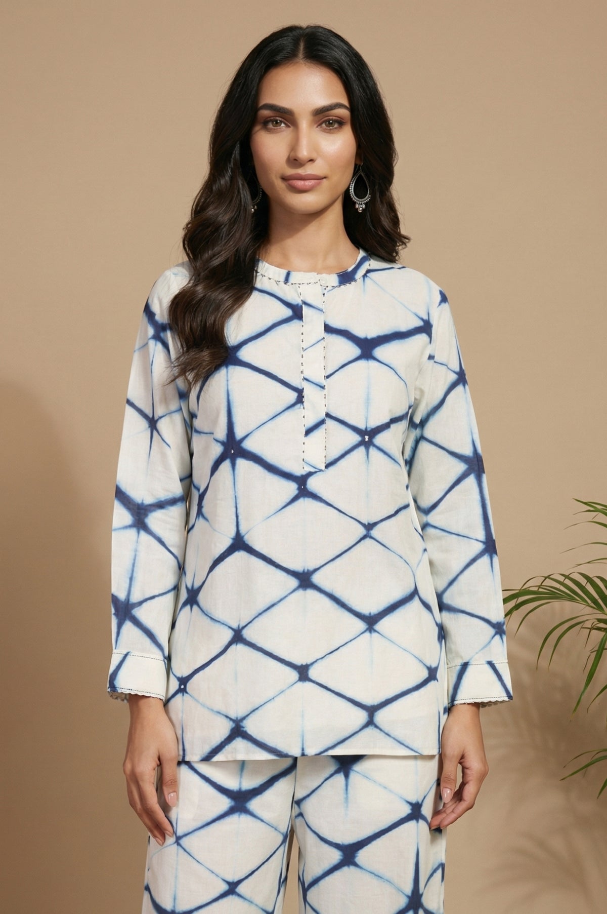 Off White Shibori Printed Cotton Silk Straight Top and Parallel Pants Co-ord Set