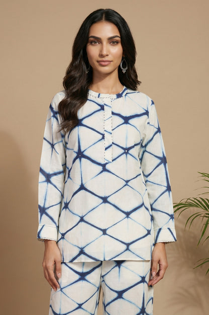 Off White Shibori Printed Cotton Silk Straight Top and Parallel Pants Co-ord Set