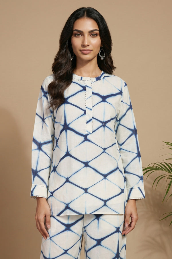 Off White Shibori Printed Cotton Silk Straight Top and Parallel Pants Co-ord Set