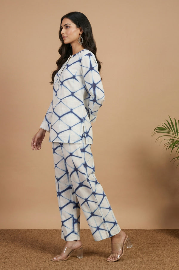 Off White Shibori Printed Cotton Silk Straight Top and Parallel Pants Co-ord Set