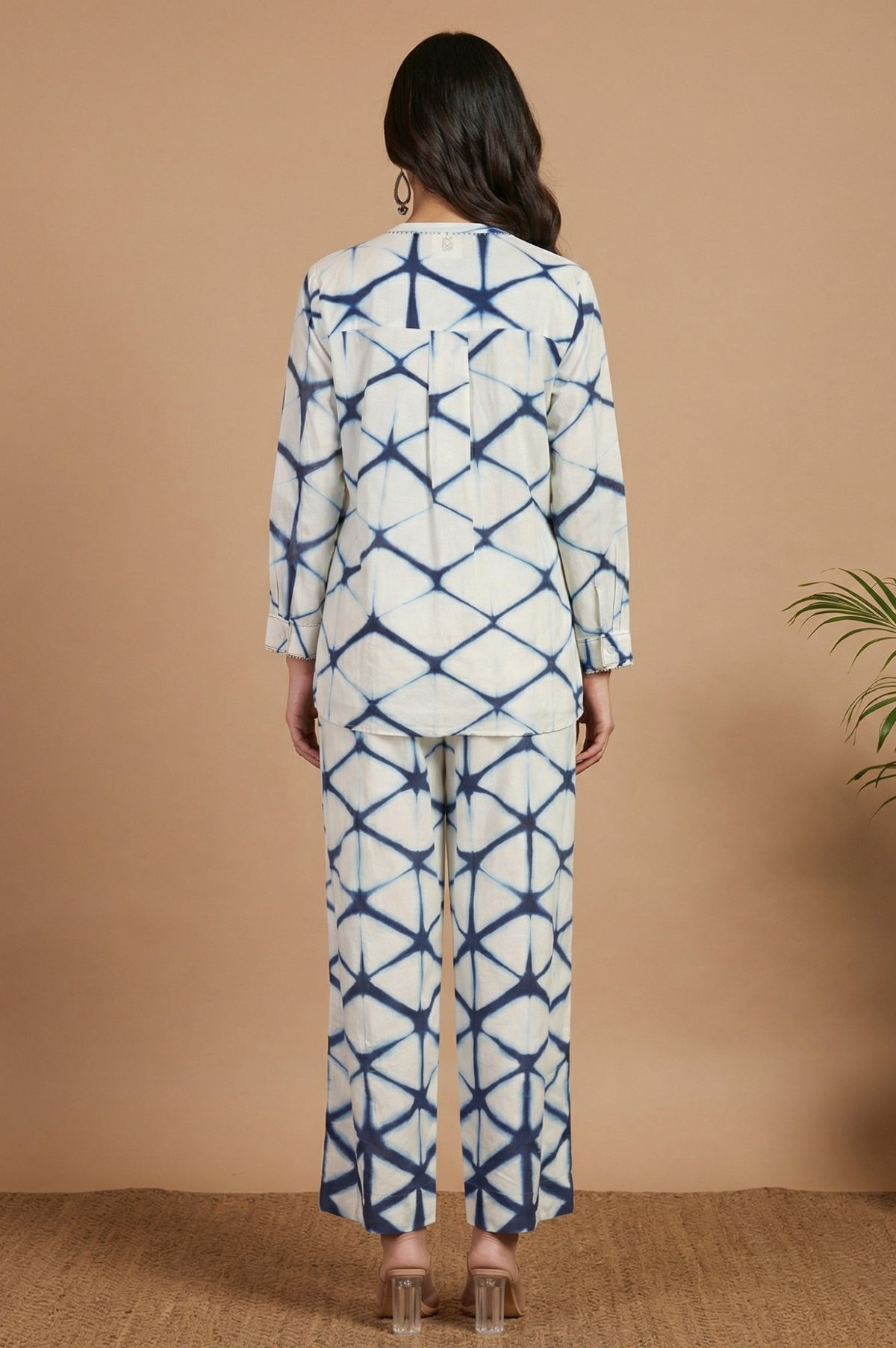 Off White Shibori Printed Cotton Silk Straight Top and Parallel Pants Co-ord Set