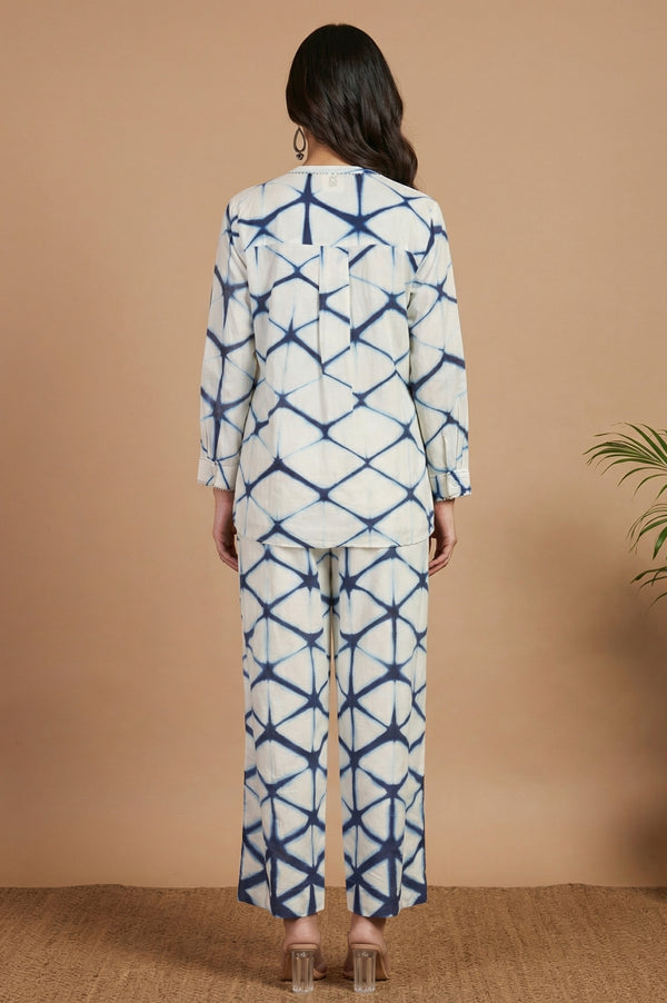 Off White Shibori Printed Cotton Silk Straight Top and Parallel Pants Co-ord Set