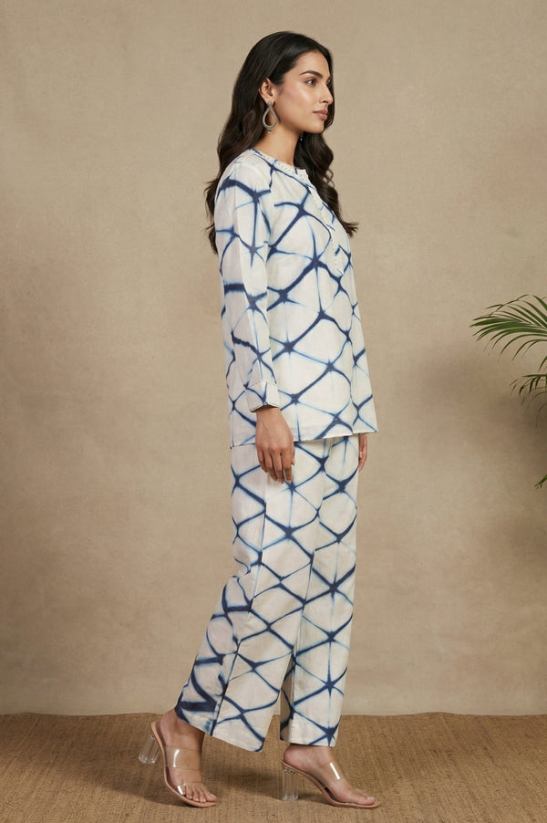 Off White Shibori Printed Cotton Silk Straight Top and Parallel Pants Co-ord Set