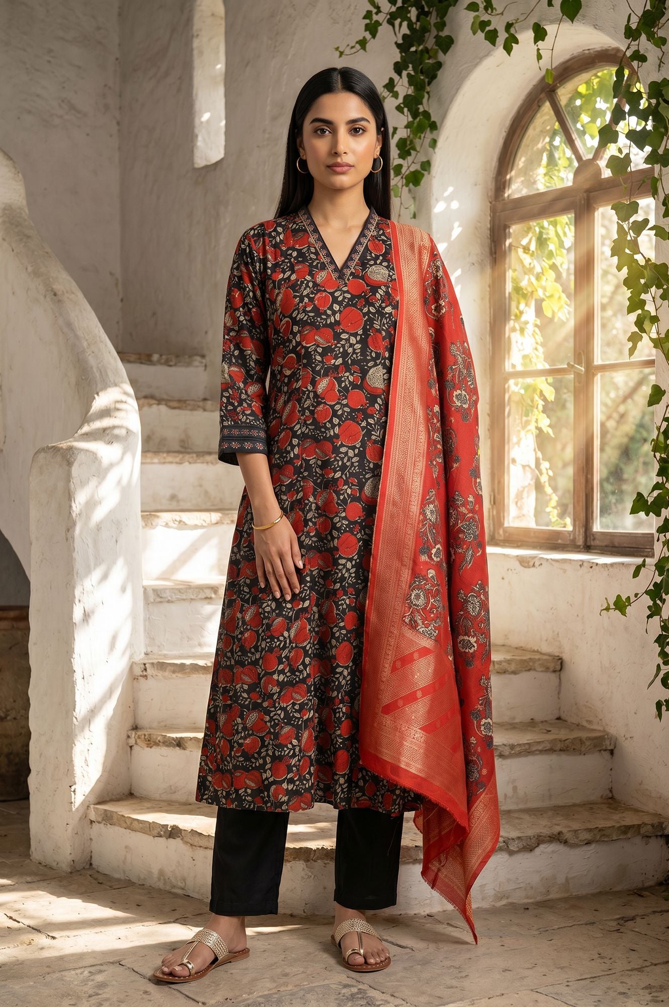 Black Block Printed Satin Flared Kurta with Pant and Dupatta Set