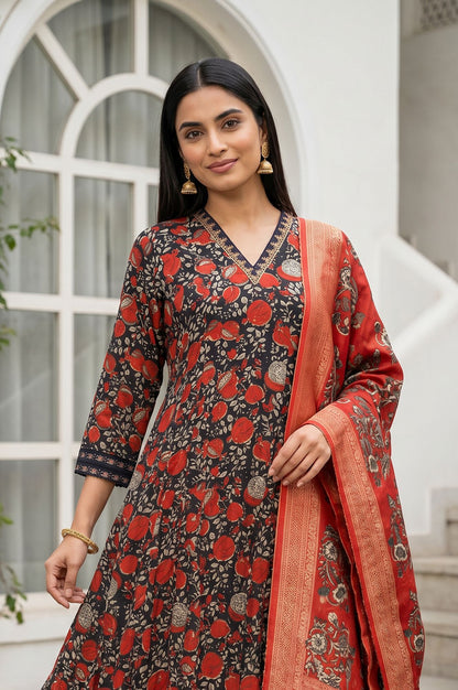 Black Block Printed Satin Flared Kurta with Pant and Dupatta Set