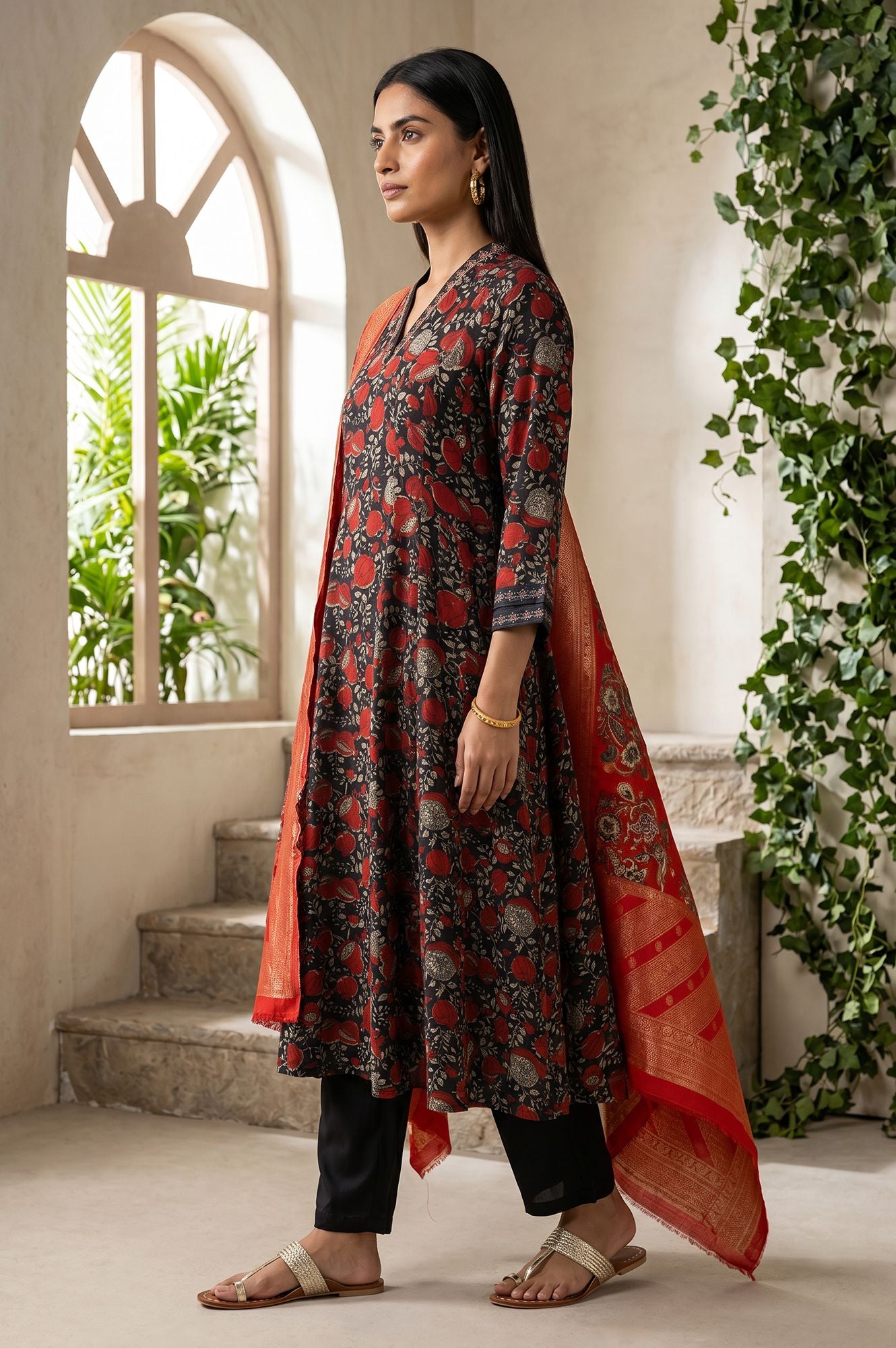 Black Block Printed Satin Flared Kurta with Pant and Dupatta Set