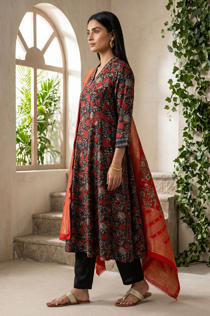 Black Block Printed Satin Flared Kurta with Pant and Dupatta Set
