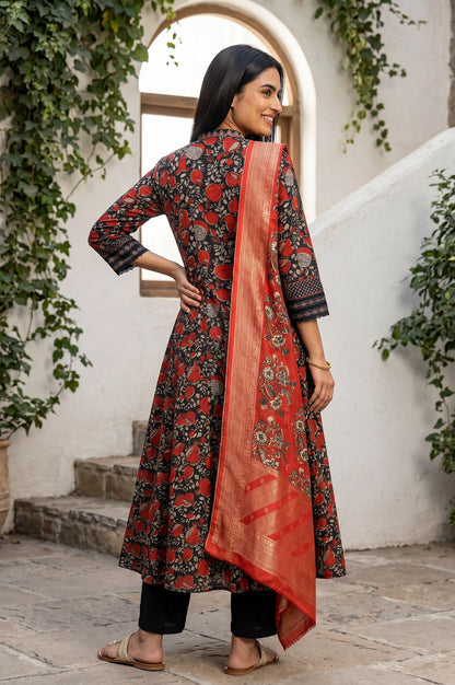 Black Block Printed Satin Flared Kurta with Pant and Dupatta Set