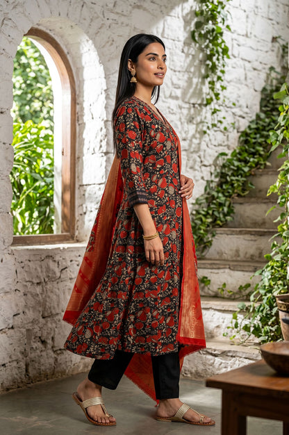 Black Block Printed Satin Flared Kurta with Pant and Dupatta Set