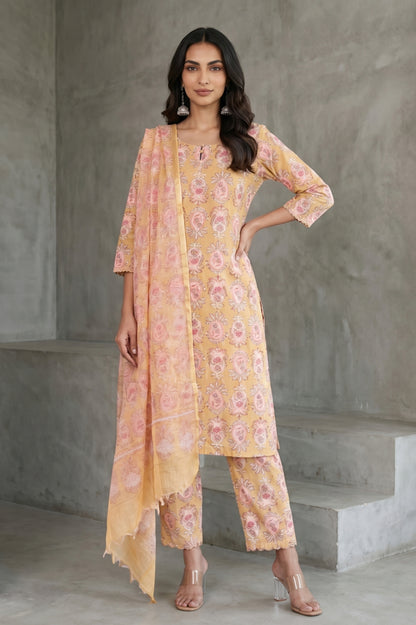 Mustard Block Printed Pure Cotton Straight Kurta and Pants Set with Dupatta
