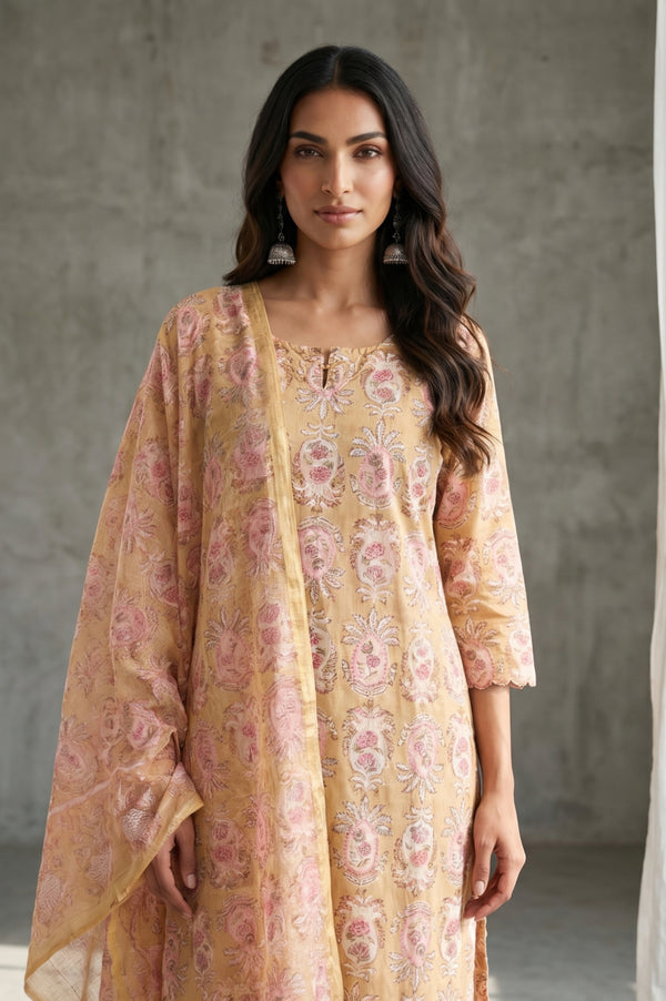 Mustard Block Printed Pure Cotton Straight Kurta and Pants Set with Dupatta