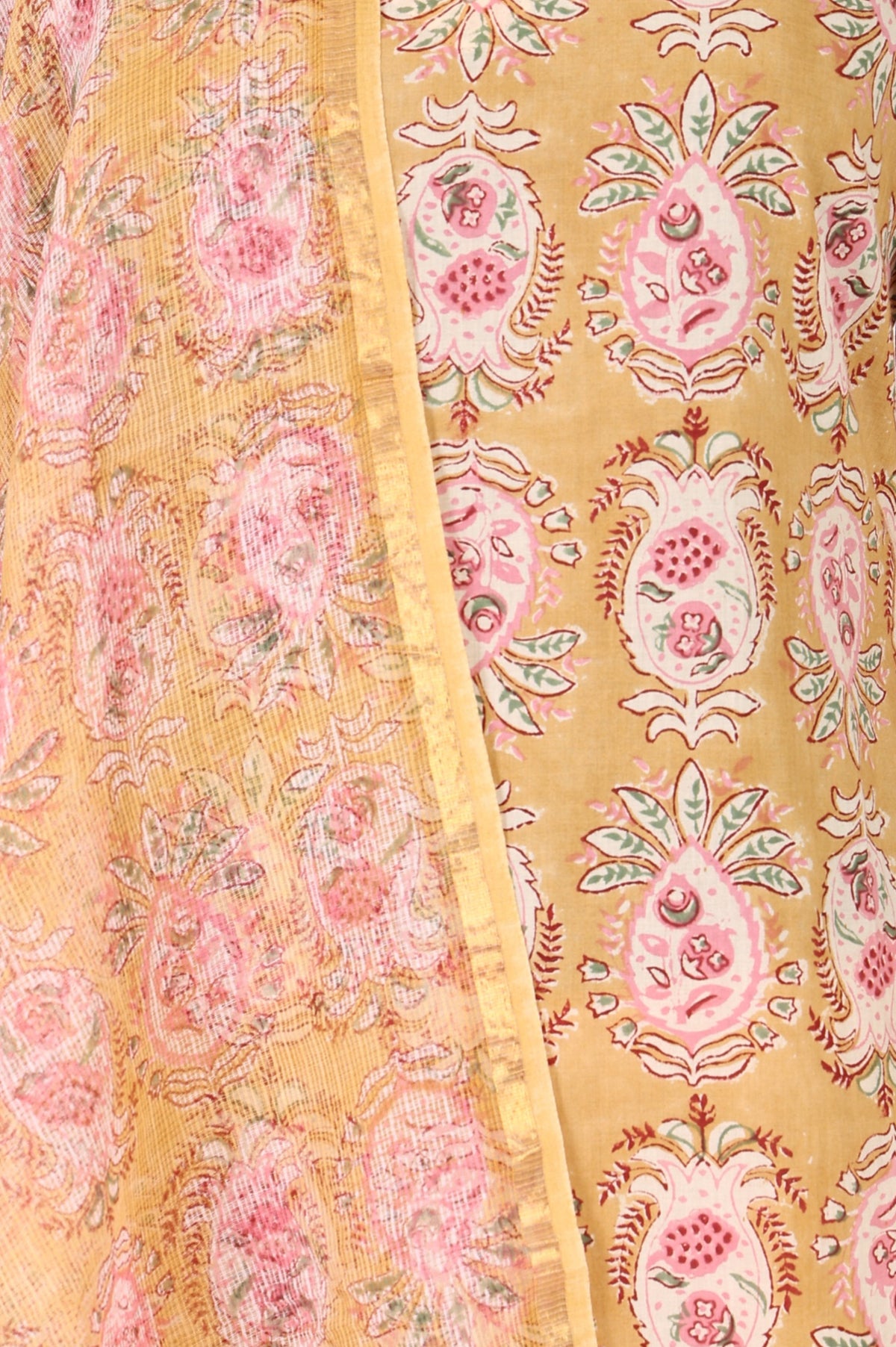 Mustard Block Printed Pure Cotton Straight Kurta and Pants Set with Dupatta
