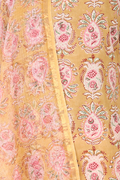 Mustard Block Printed Pure Cotton Straight Kurta and Pants Set with Dupatta