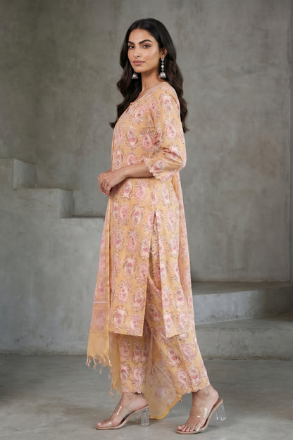 Mustard Block Printed Pure Cotton Straight Kurta and Pants Set with Dupatta