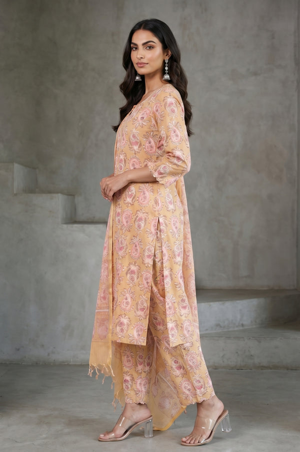Mustard Block Printed Pure Cotton Straight Kurta and Pants Set with Dupatta