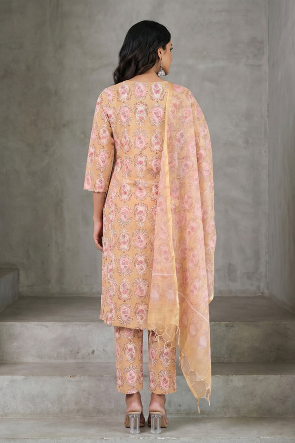 Mustard Block Printed Pure Cotton Straight Kurta and Pants Set with Dupatta