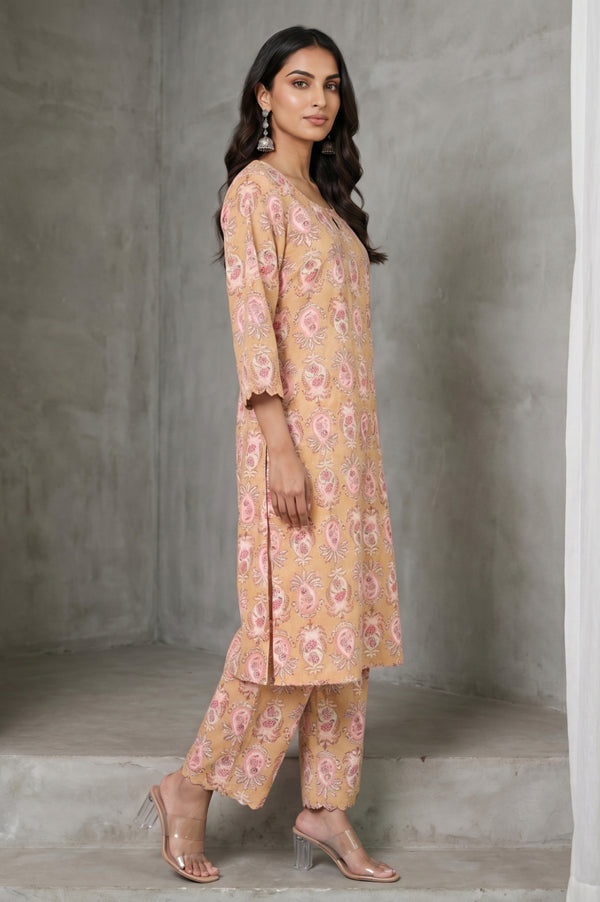 Mustard Block Printed Pure Cotton Straight Kurta and Pants Set with Dupatta