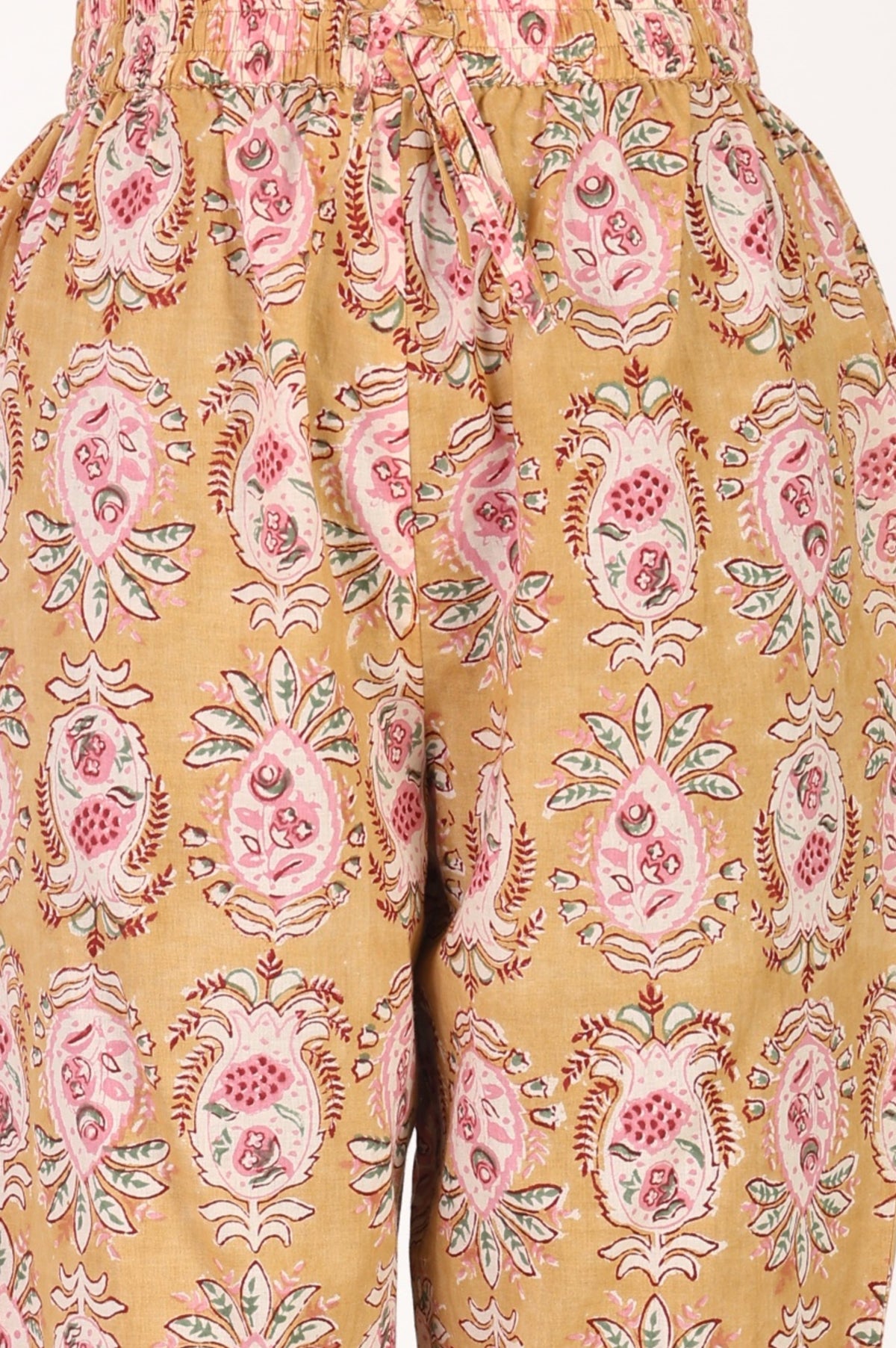 Mustard Block Printed Pure Cotton Straight Kurta and Pants Set with Dupatta