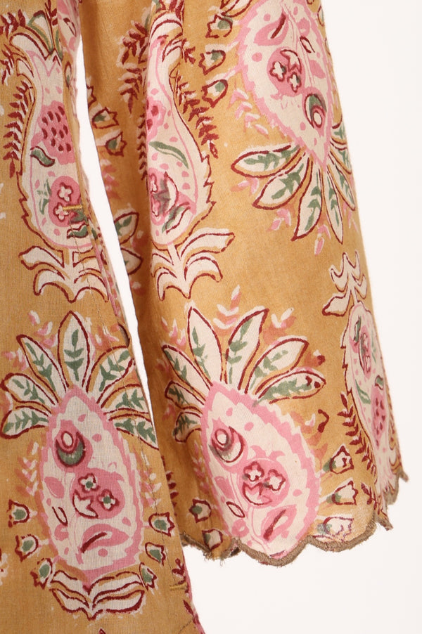 Mustard Block Printed Pure Cotton Straight Kurta and Pants Set with Dupatta