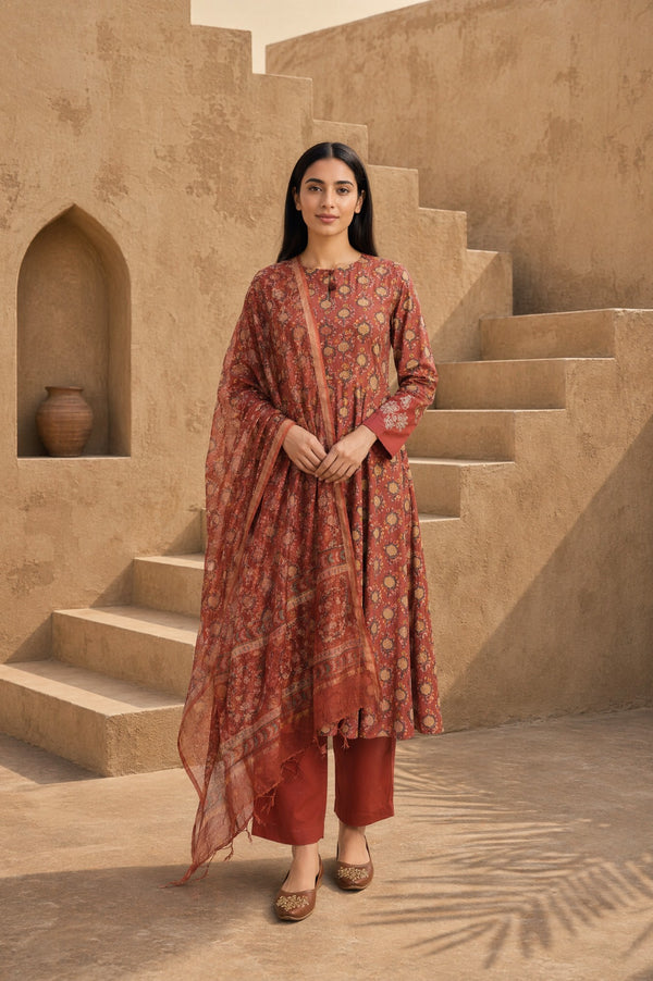 Rust Block Printed Pure Cotton Flared Kurta with Straight Pants and Dupatta Set